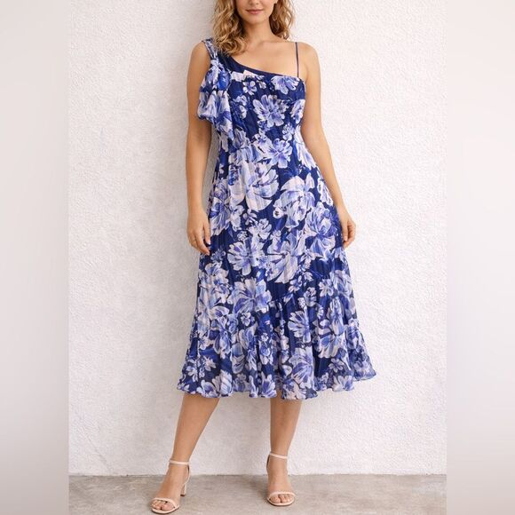 Adelyn Rae Dresses & Skirts - Adelyn Rae Womens L Blue Floral Midi Dress One Shoulder Summer Party